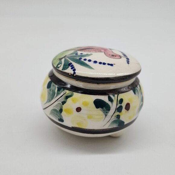 Mexican Hand Painted Ceramic Trinket Box With Floral & Red Bird 3" Diameter - Picture 5 of 8